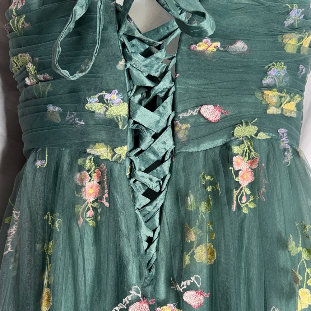 Emerald Green Floral Embroidered Maxi Dress with Tie Straps - Picture 8 of 16